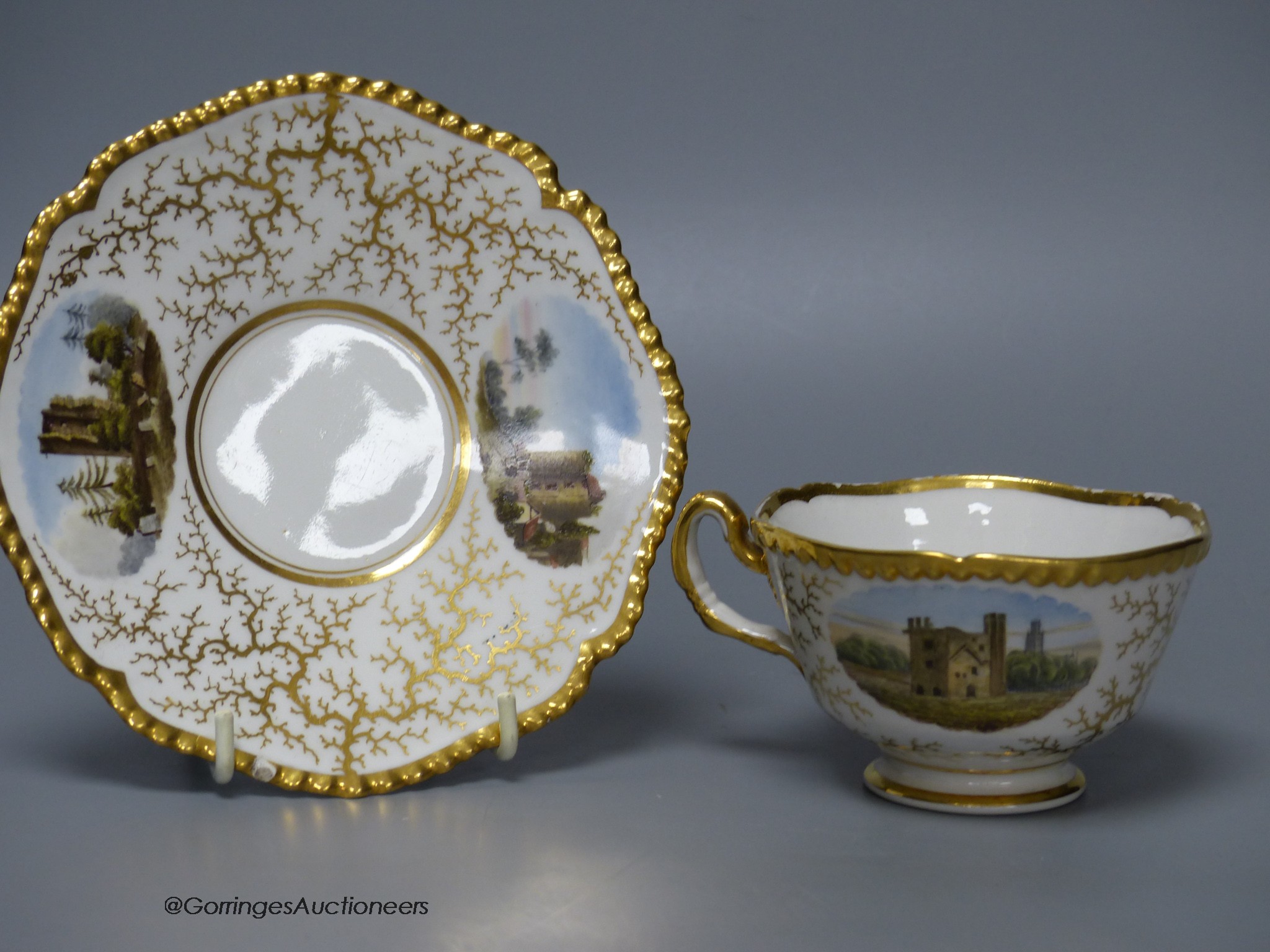 A Flight Barr and Barr gadroon bordered teacup and saucer painted with named landscapes